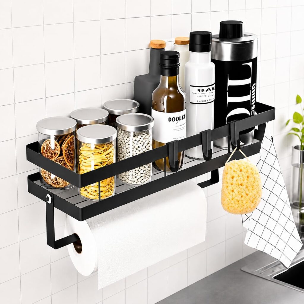 Estantes sin taladrar. Especiero Pared Sin Taladro con Portarrollos Cocina, Negro